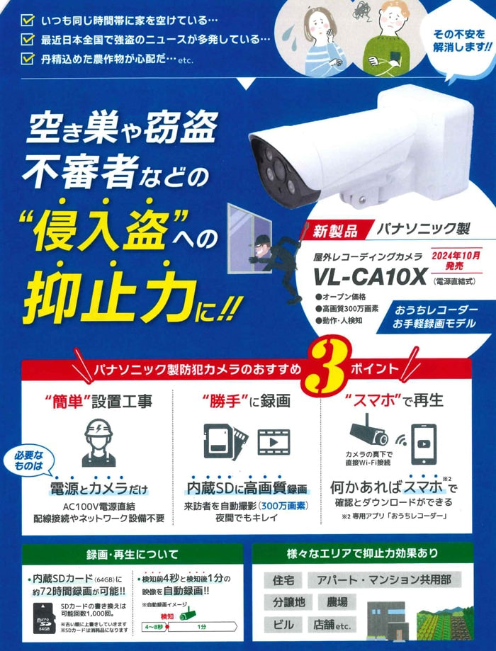 0280 Panasonic VL-CA10X パナソニック 屋外レコーディングカメラ おうちレコーダー 防犯カメラ 電源直結式 防犯対策 監視カメラ 高画質 300万画素 かんたん録画再生